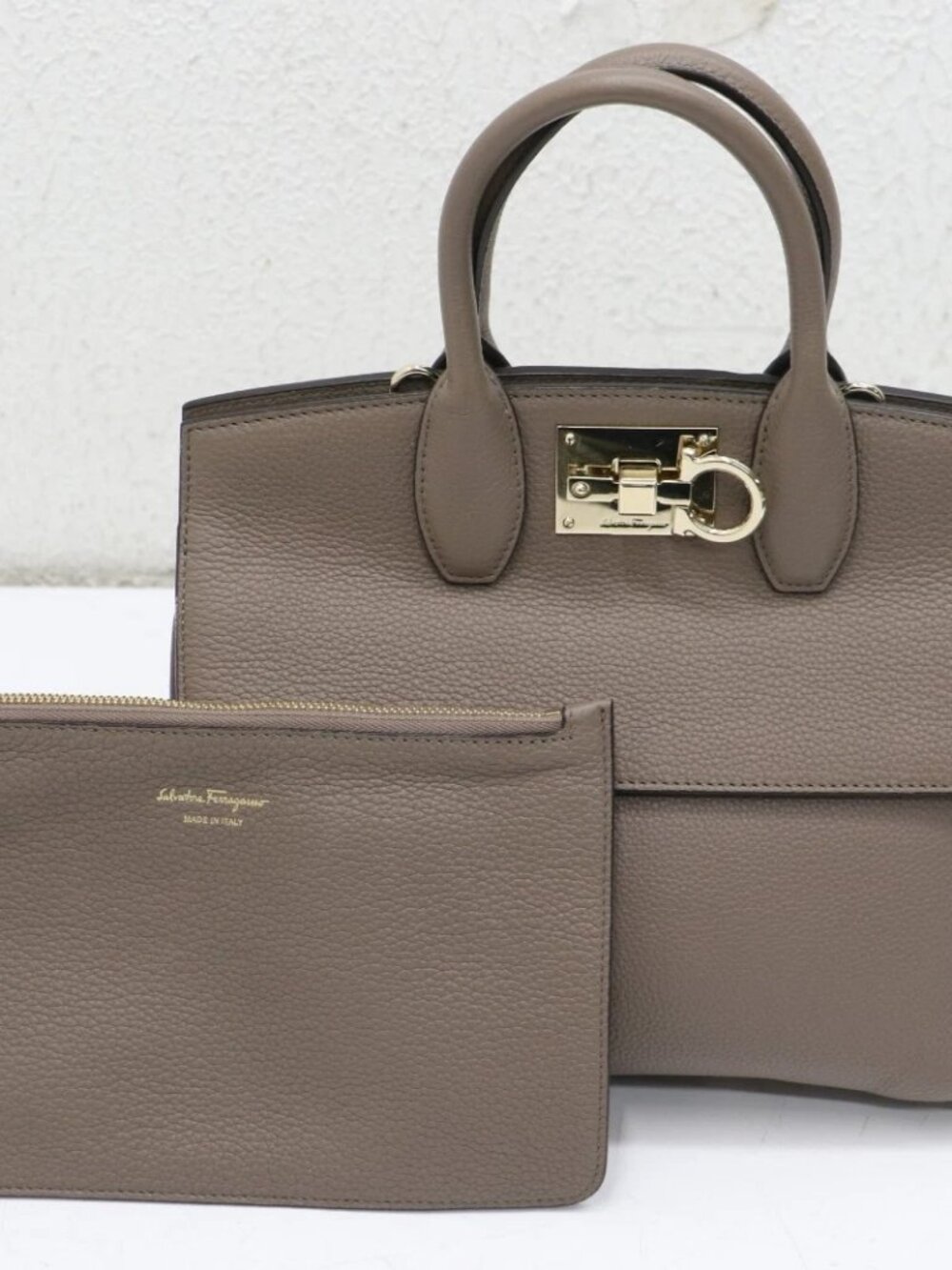 Salvatore Ferragamo Studio Small Leather Top Handle Bag w/ Pouch - Grey